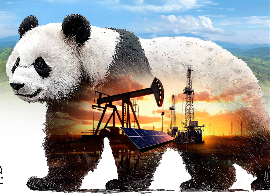 Panda Energy — panda oficial junto a balancín petrolero al atardecer